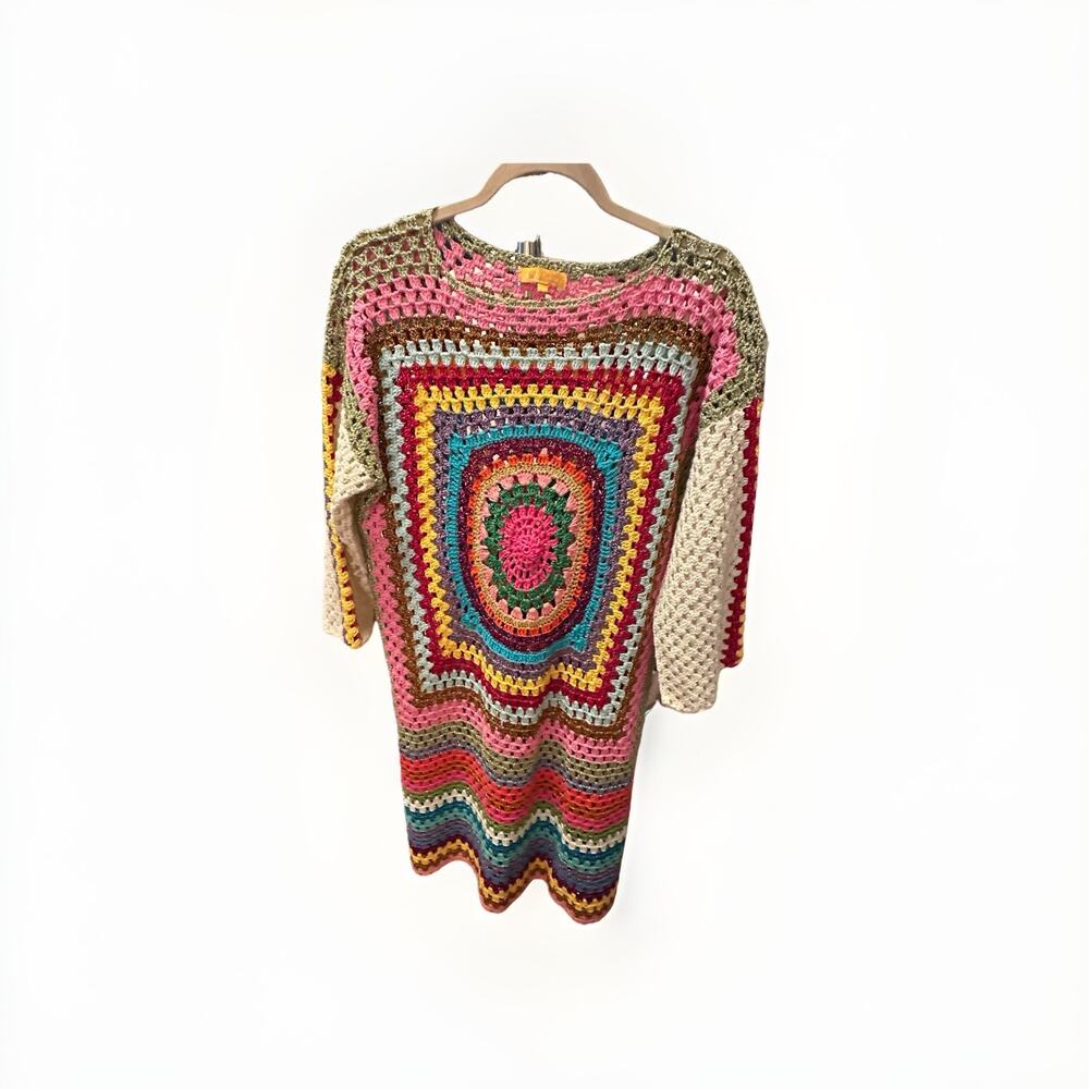 Rose Carmine Women Shift Dress Multicolor Cotton Boatneck 3/4 Sleeve Long Size 2